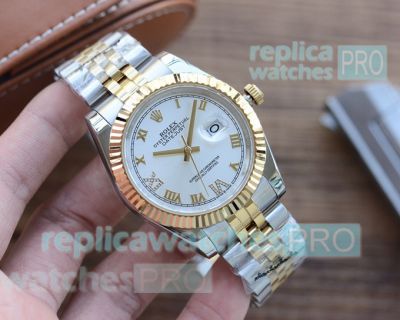 Copy Rolex Datejust White Roman Dial Two Tone Jubilee Watch 41MM